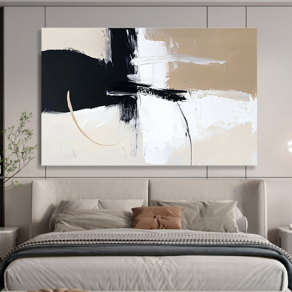 Large abstract painting in black white and beige featuring thick brush strokes and bold shapes for modern decor.SC499