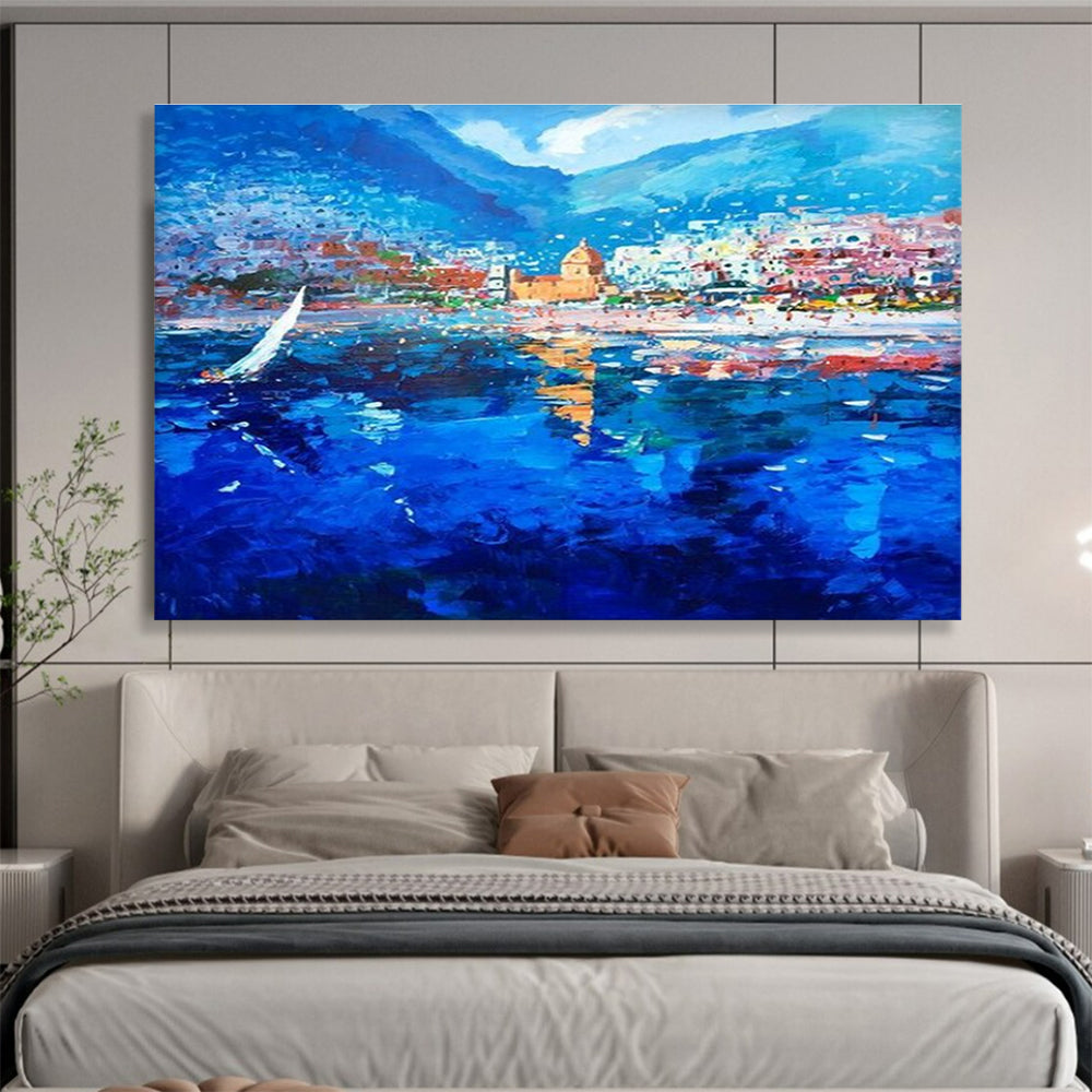 Blue Coastal Town Sailboat Abstract Painting THY481