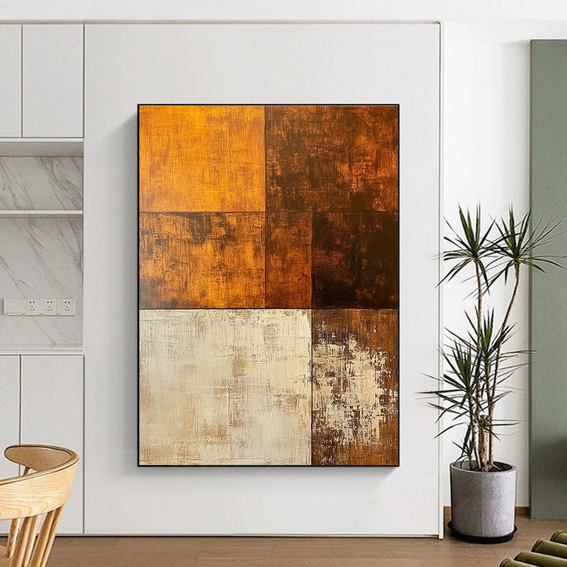 Brown and Beige Geometric Patchwork Abstract Painting GER210