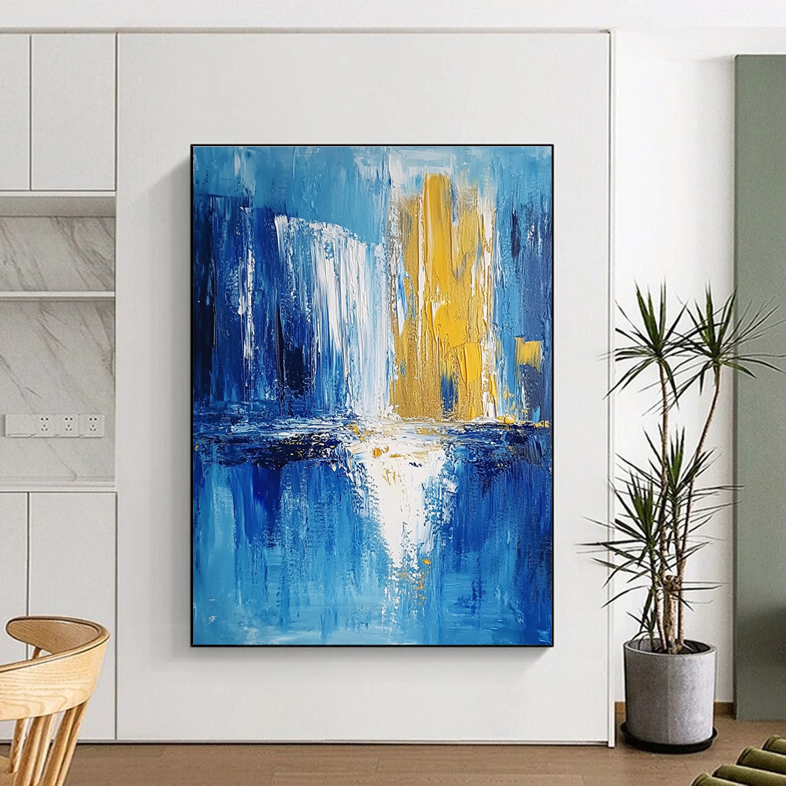 Blue and Gold Abstract Painting with Reflective Motifs GER390