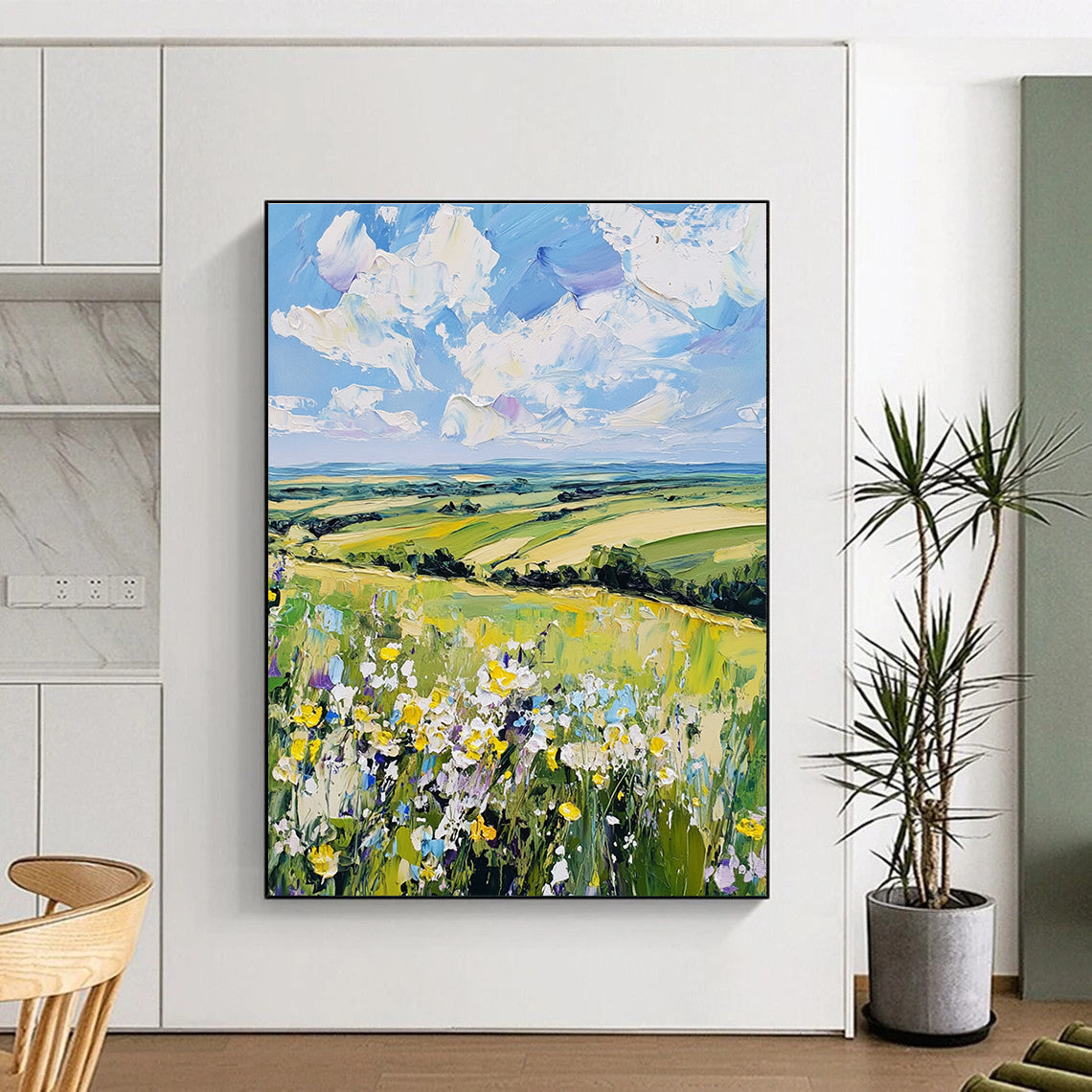 Large abstract painting showcasing a serene English countryside with wildflowers and rolling hills in vibrant colors capturing nature's tranquility.STSC1432