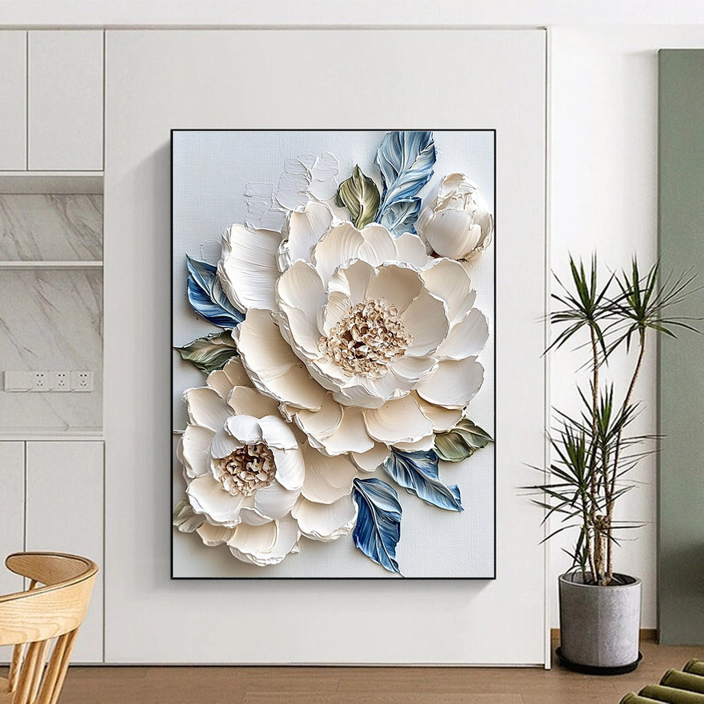 Large abstract painting of white peonies with impasto textures surrounded by blue and green leaves on a white background.STSC366
