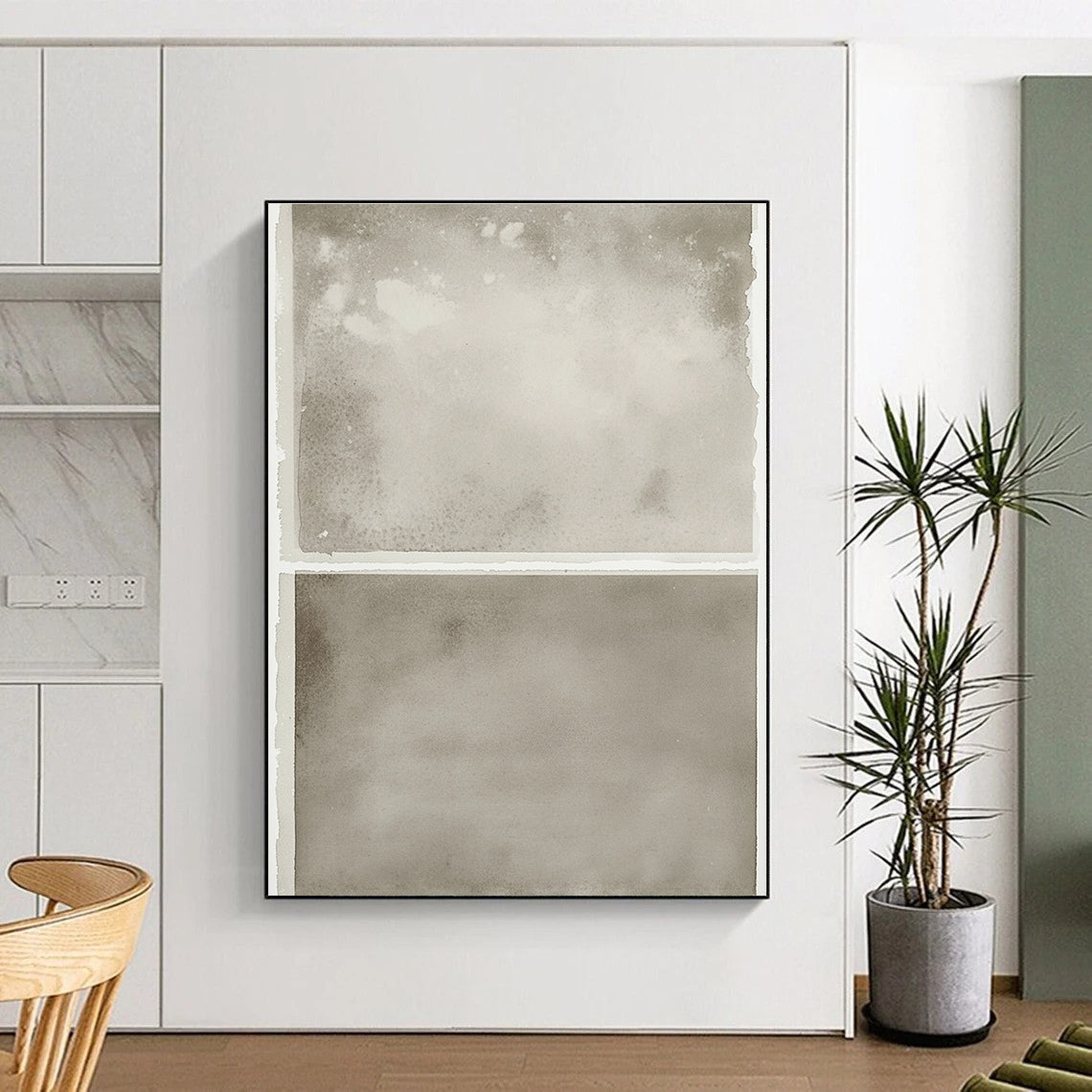 Large abstract watercolor prints in grayish-beige on clean white paper with a spacious blank area below for versatile display.STSC1454