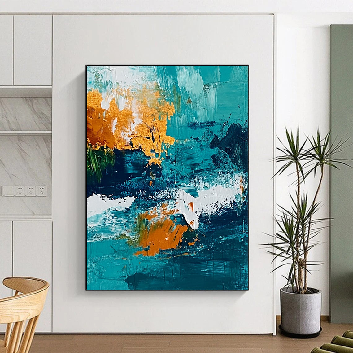 Large abstract painting of the ocean featuring a vibrant teal and amber color scheme with textured brush strokes.STSC705