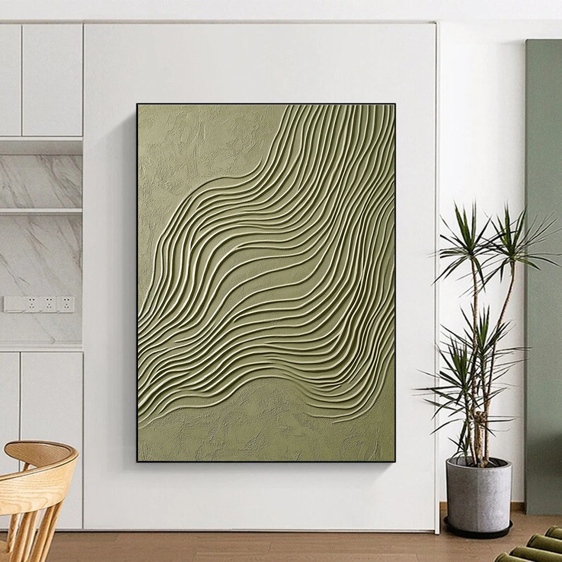 An Abstract Artwork Featuring Elegant Olive Green and White Lines, Perfect for Showcasing Product Designs and Architectural Drawings.STSC940
