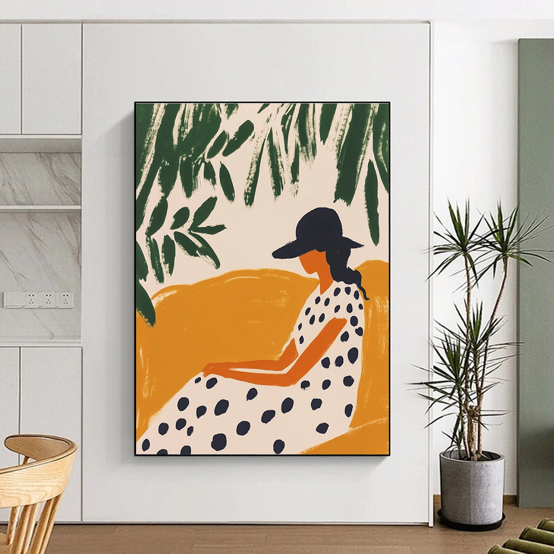 Large abstract artwork featuring a woman on a chaise lounge with minimalistic shapes and greenery on a white background in Matisse style.STSC1263