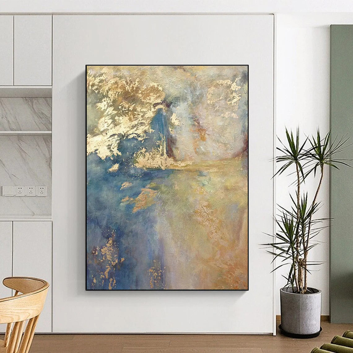Blue and Gold Abstract Painting with Dreamy Layers ADGE504