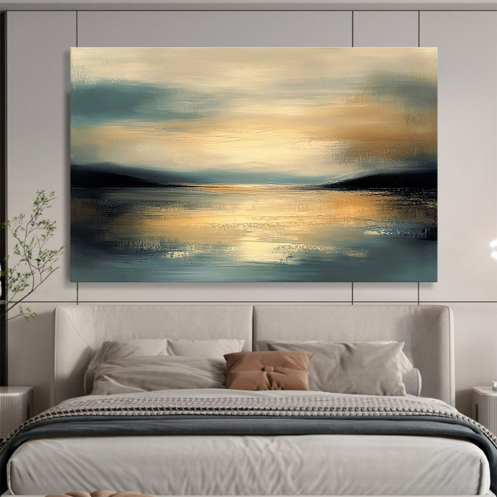 Large abstract painting featuring muted colors and calm water reflecting a detailed sky during golden hour with a serene atmosphere and gentle brushwork.SC064