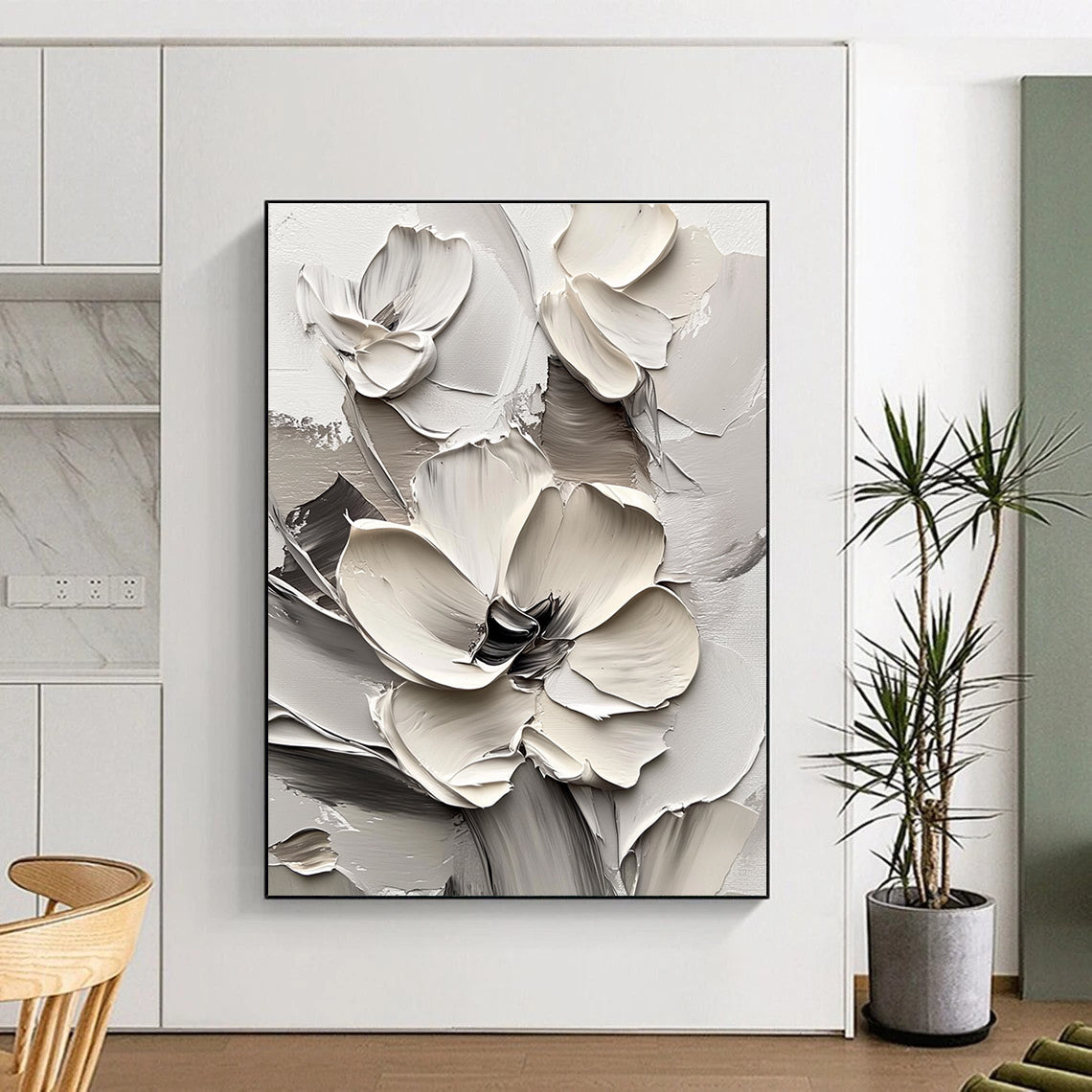 Large abstract painting of white flowers in thick impasto style on a white background, creating a striking monochromatic effect.STSC513