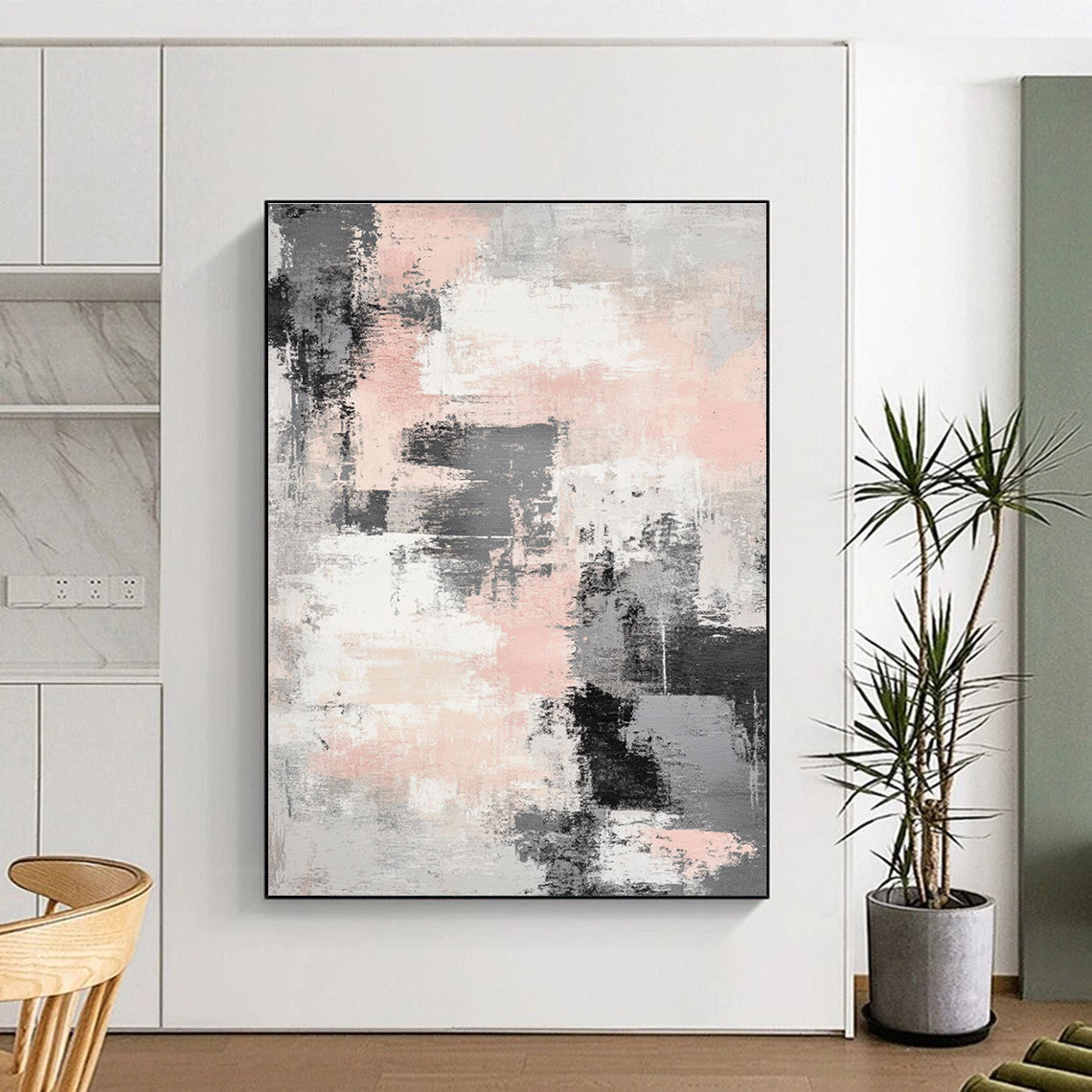 Large abstract art piece featuring soft gray and light pink interwoven textures with airy white spaces for a tranquil and mysterious atmosphere.STSC133