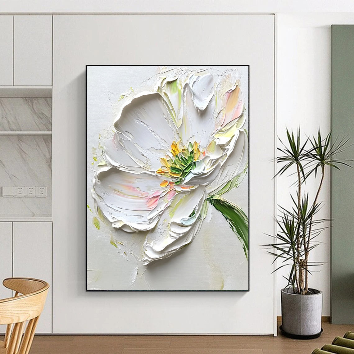 Abstract painting featuring white flowers with green leaves on a light gray background showcasing elegant brush strokes and beautiful accents.STSC1482