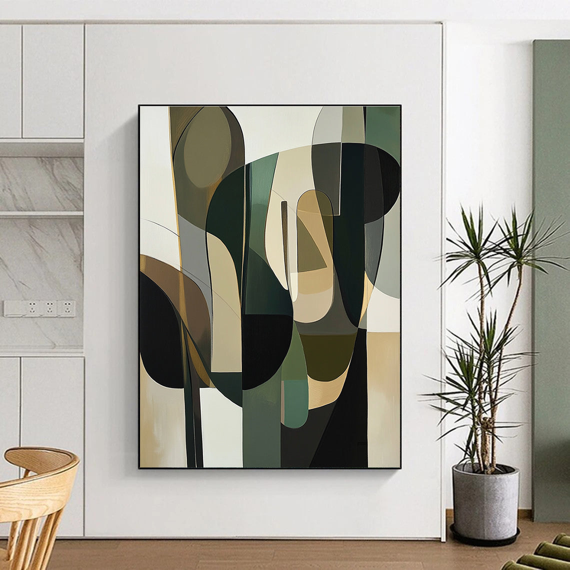 Large abstract painting featuring organic shapes in green beige and white with hints of navy blue and mustard yellow, evoking depth and human-like forms.STSC794