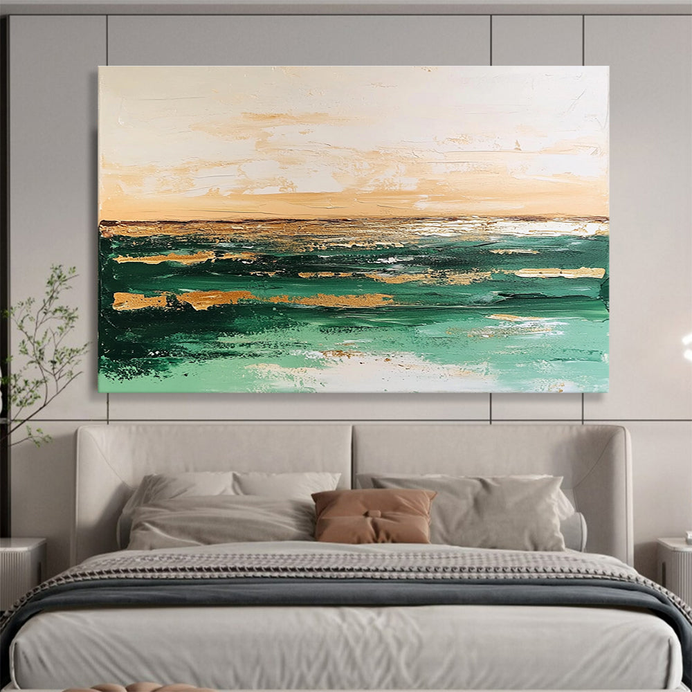 Large abstract painting with green and beige tones depicting a tranquil sea and soft sky against a muted white background, creating an elegant vintage feel.SC080
