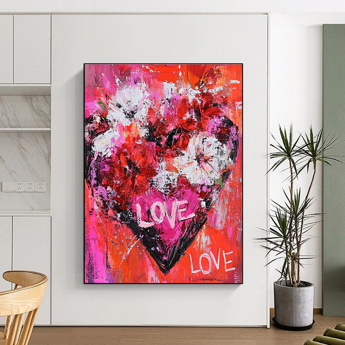 Large Abstract Painting of Flowers Forming a Heart in Bold Reds Pinks and Whites with Handwritten Love Text Symbolizing Passion and Romance.STSC680
