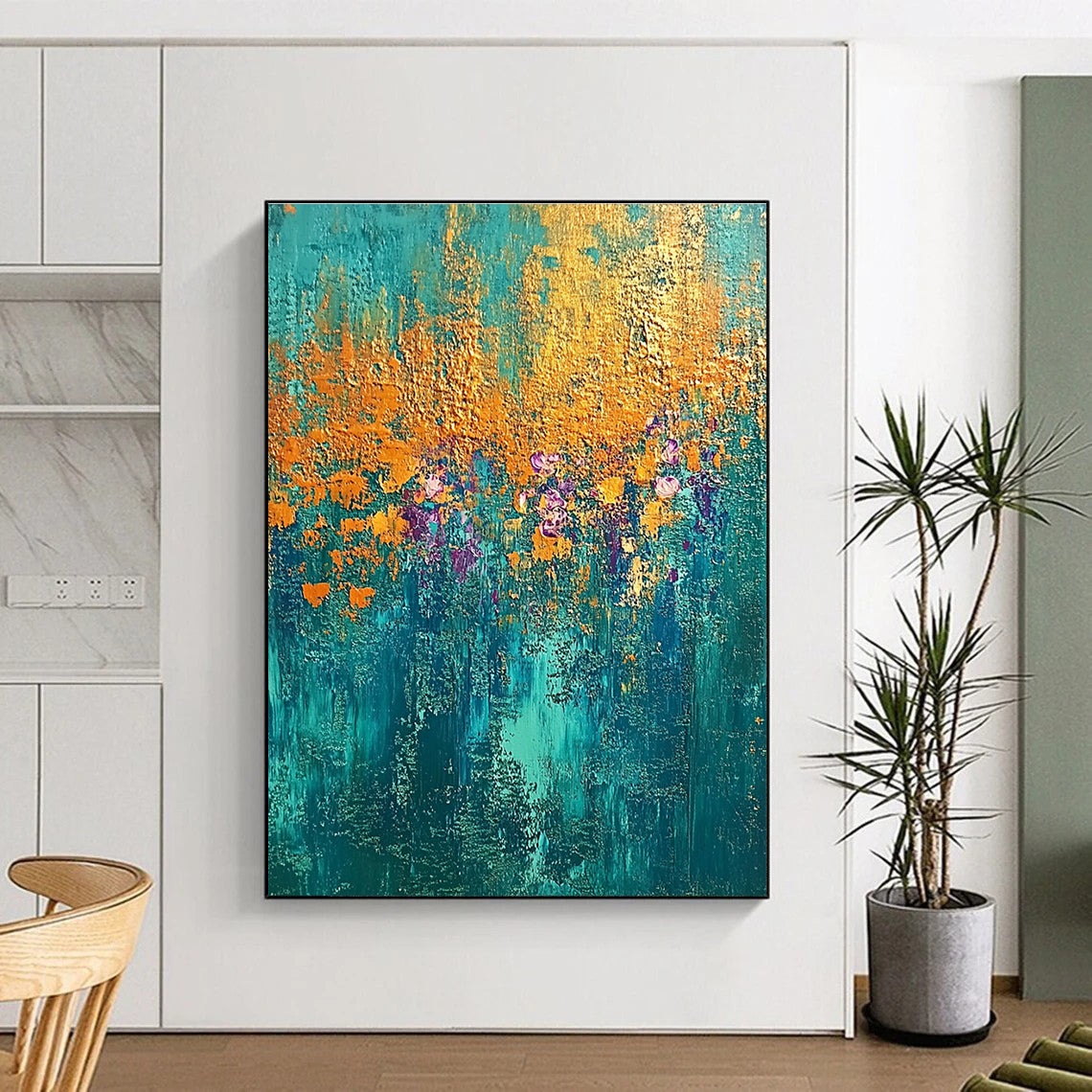 Teal, Gold, and Purple Abstract with Floral Hints GER288