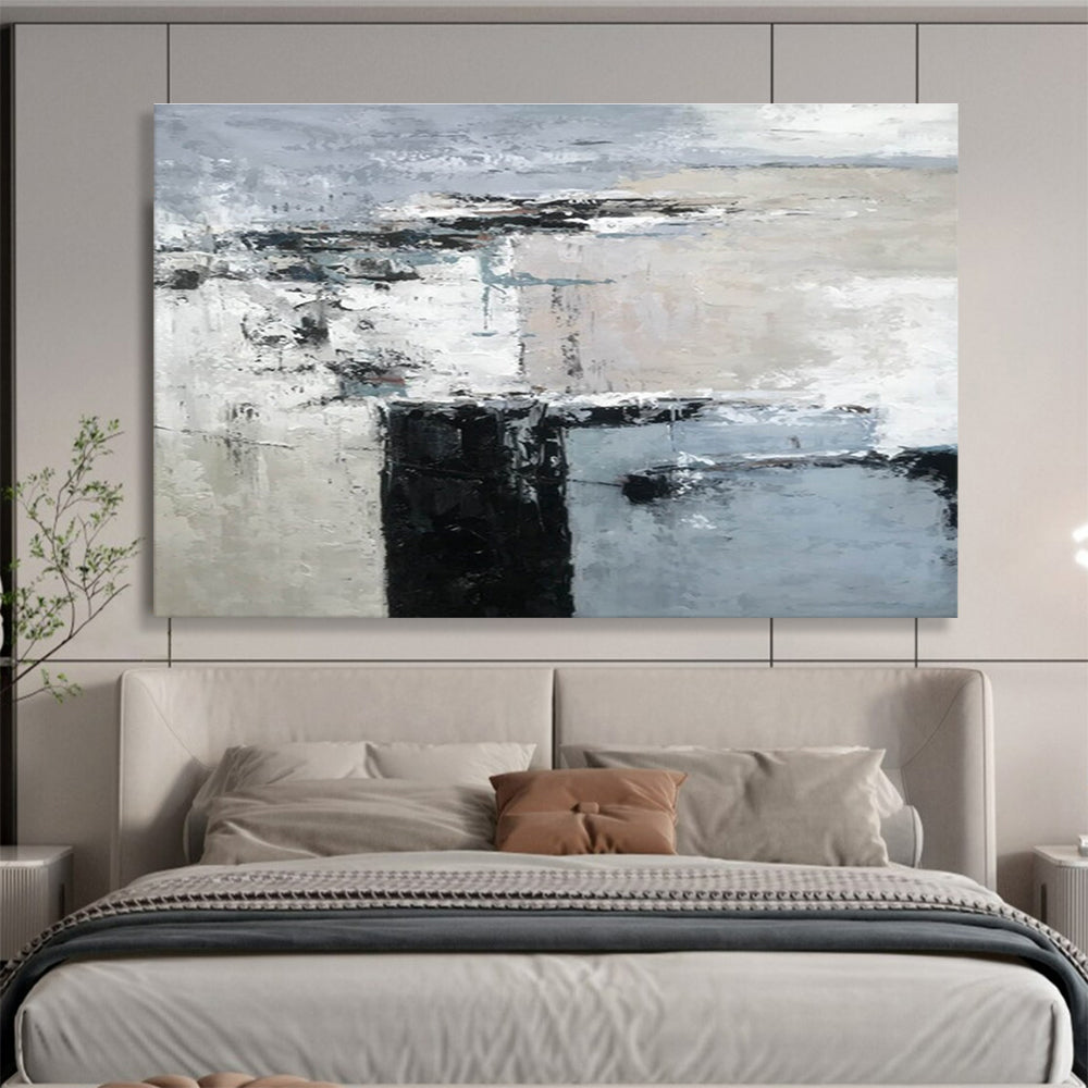 Minimalist Block Abstract Painting with Grey and Black Tones THY152