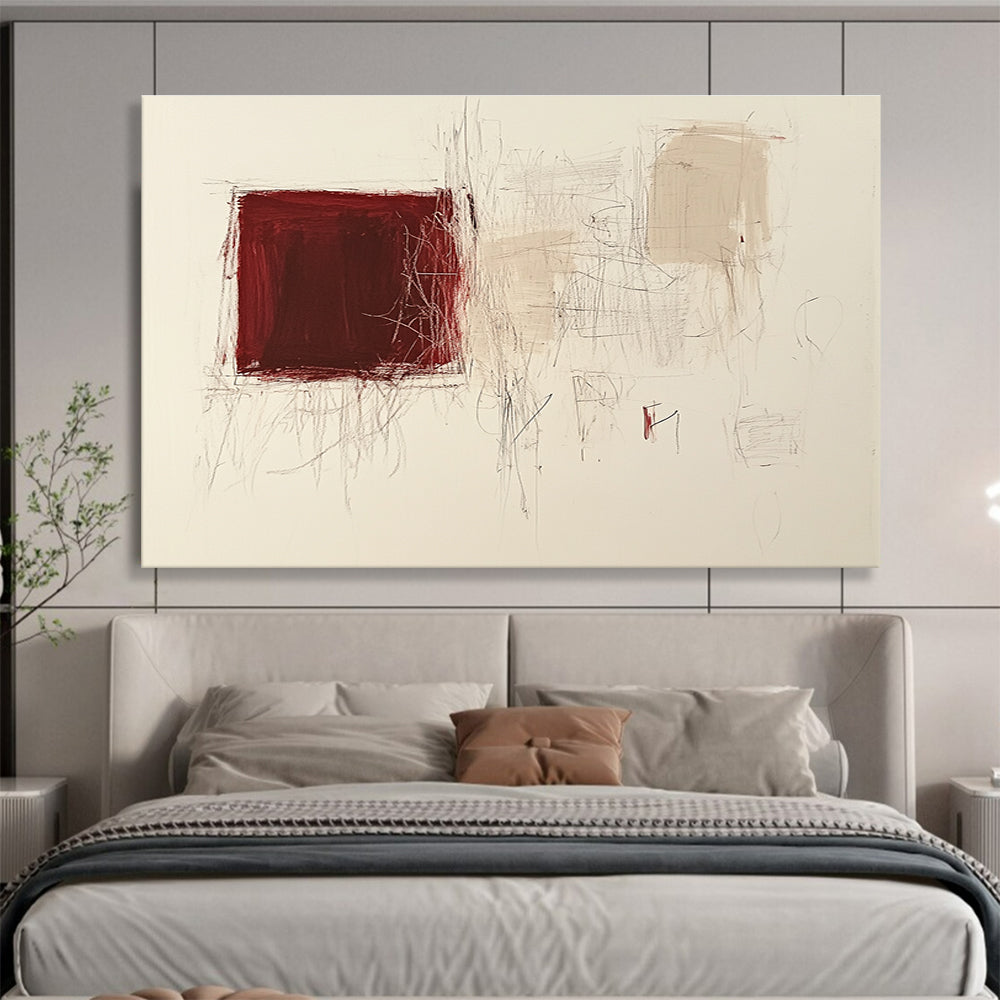 Large abstract painting featuring a dark red square and light beige scribbles on white paper with small doodle shapes.SC552