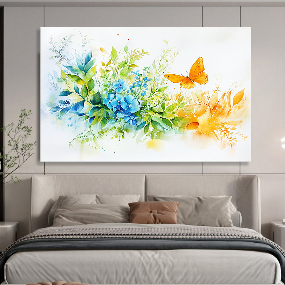 A large abstract painting features green leaves blue flowers and an orange butterfly with golden hands holding the bouquet creating a vibrant harmonious atmosphere.SC567