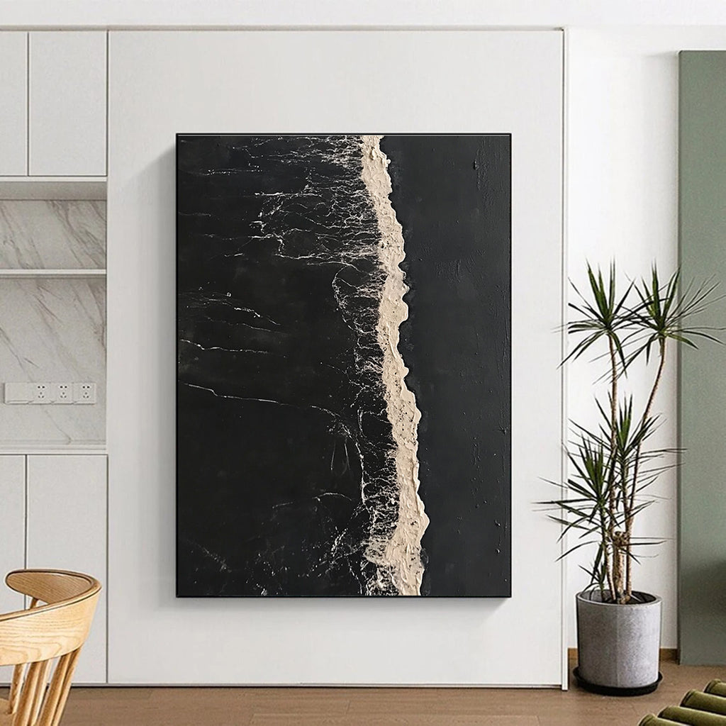 Abstract painting featuring a long white line of sea foam on dark water in a minimalist high contrast style inspired by Bawden and Sowa.STSC1044