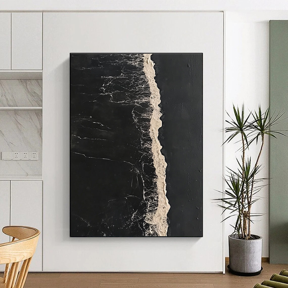 Abstract painting featuring a long white line of sea foam on dark water in a minimalist high contrast style inspired by Bawden and Sowa.STSC1044