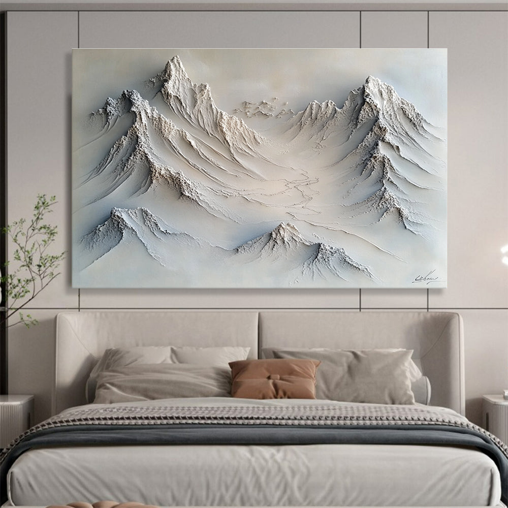 Large abstract painting with soft impasto textures in gray and white featuring snow-covered peaks and valleys for a serene visual experience.SC509