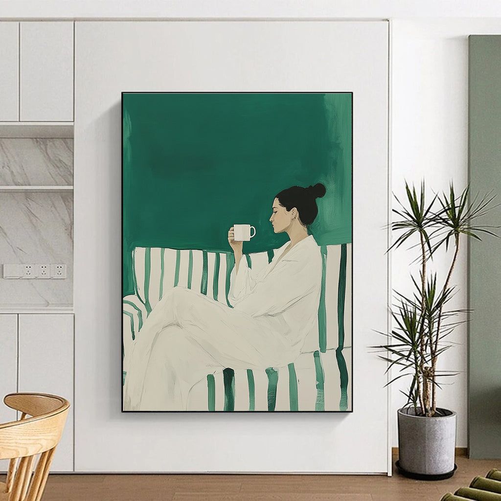Large abstract painting featuring a woman in a white robe on a striped sofa holding a coffee mug against a green background.STSC1494
