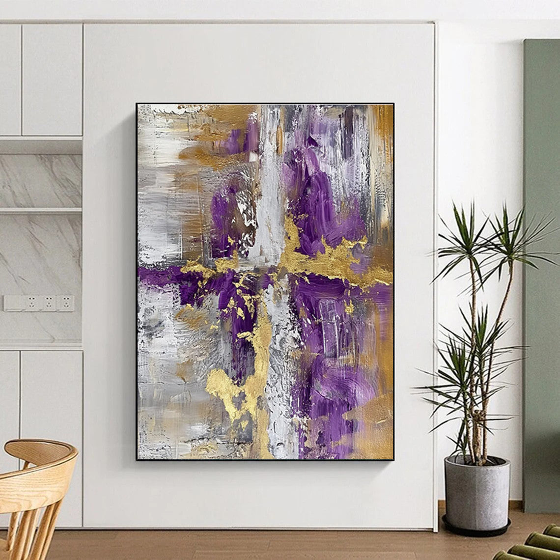 Purple and Gold Cross Abstract Painting with Gray and White ADGE135