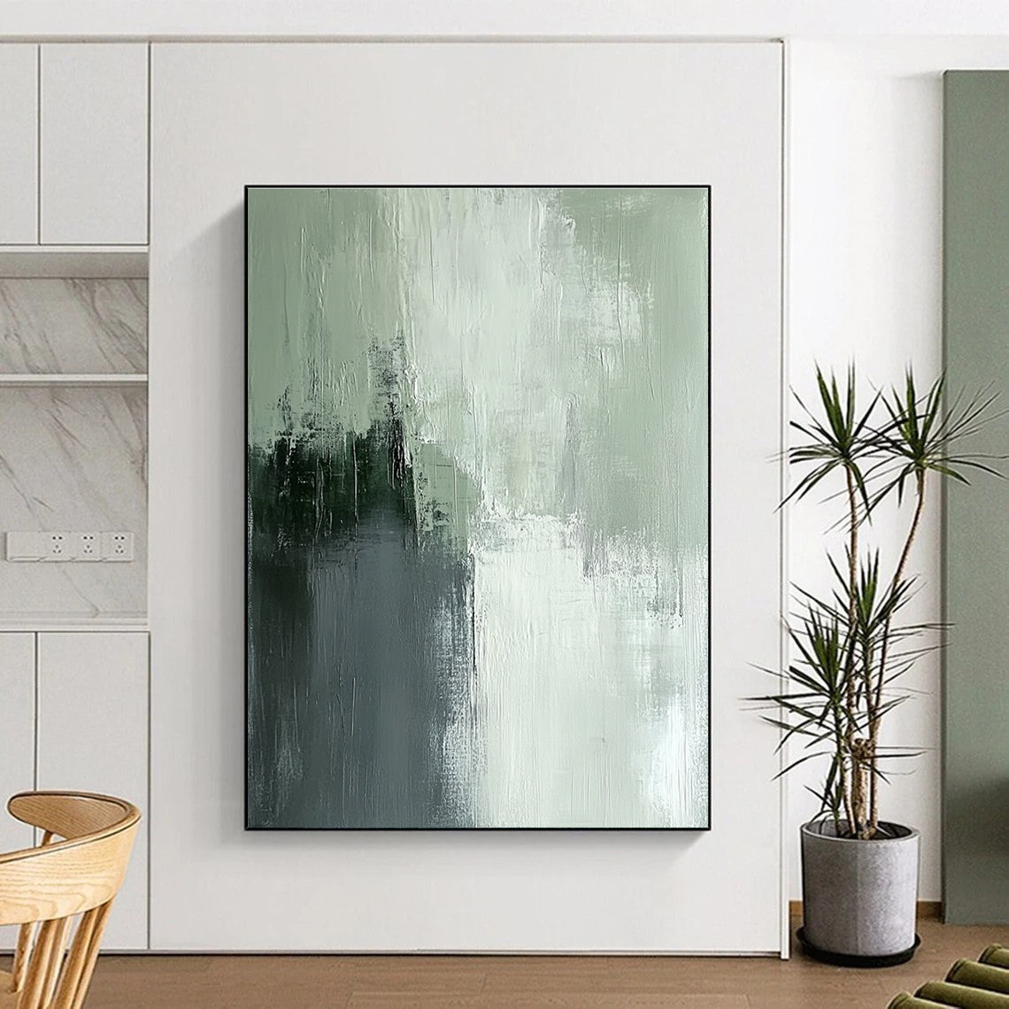 Green and Gray Abstract Painting with Soft Textural Layers GER651