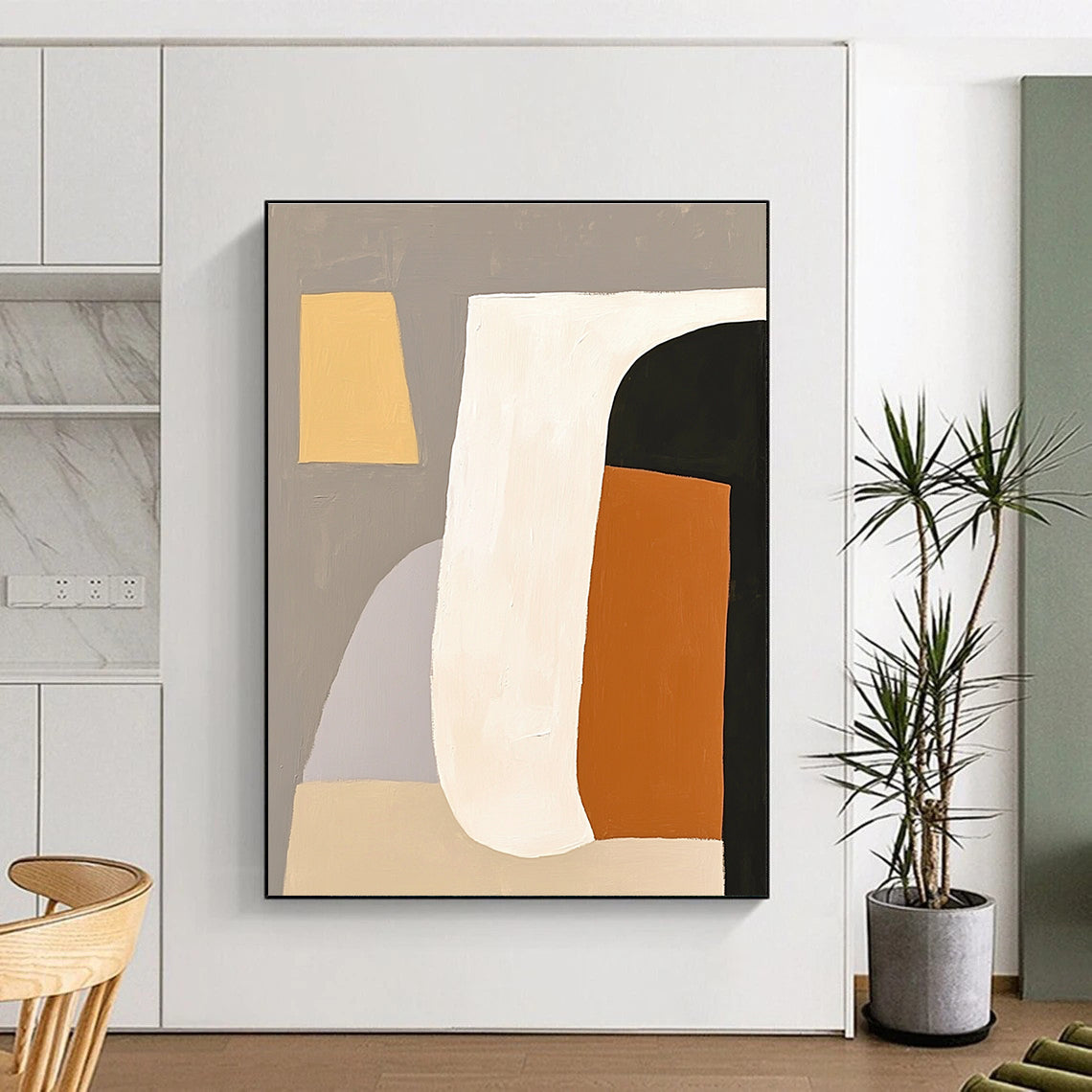 Large abstract painting featuring white shapes with an orange and black form against a grey background embodying minimalism and elegance.STSC628