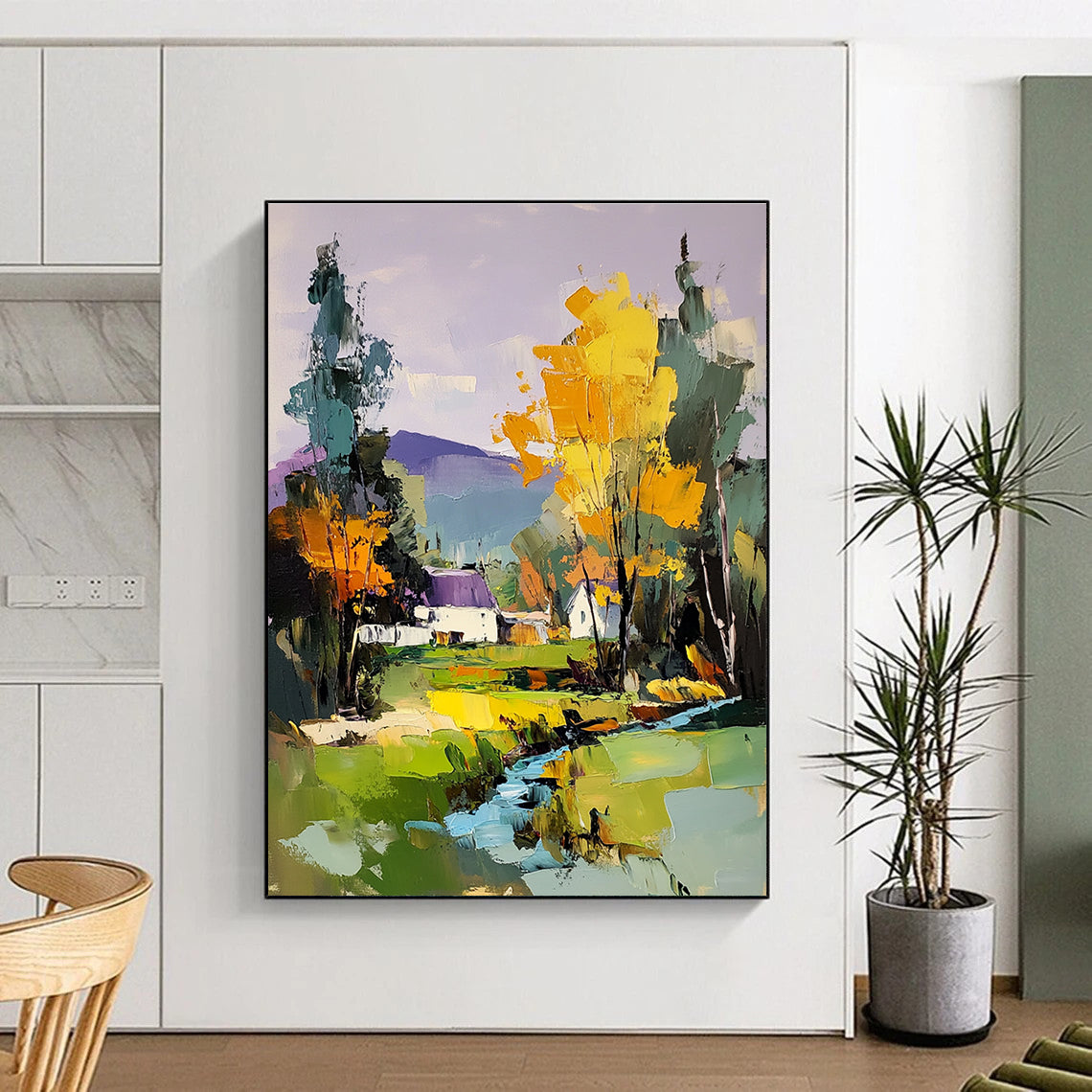 Large abstract painting featuring a river and trees with a house in the distance complemented by colorful brush strokes and a vibrant purple sky.STSC1308
