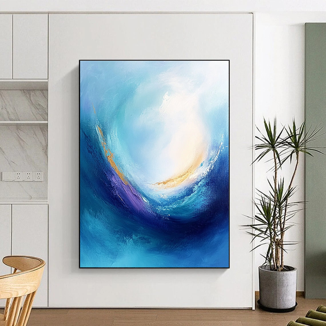 Large abstract painting of a blue sea with swirling vortices and emotional colors depicting tranquility and calmness in high resolution.STSC042
