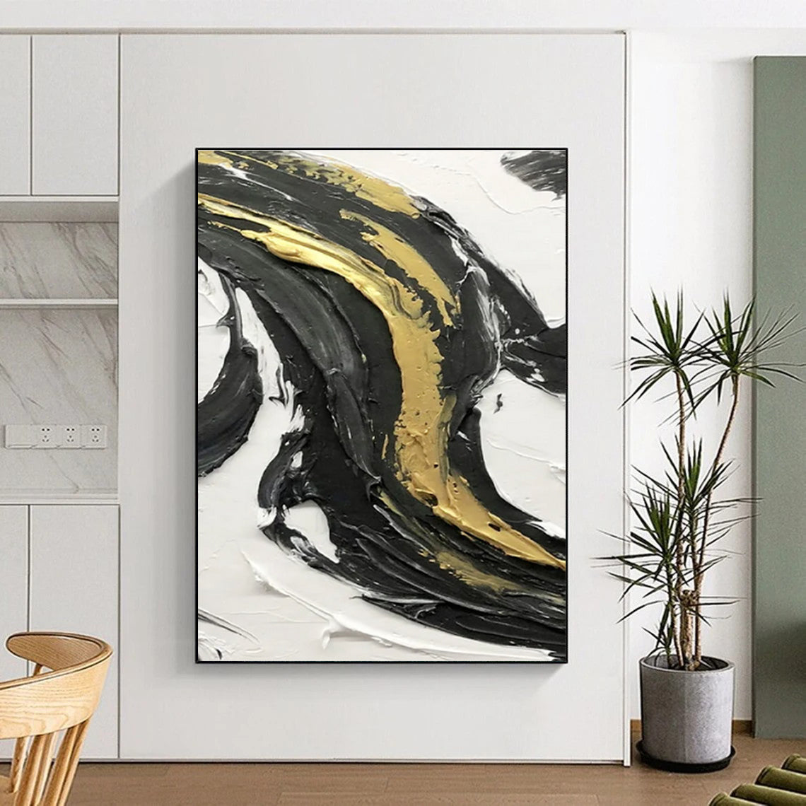 Gold - Enhanced Black and White Swirl Abstract Art with Rich Textures ADGE379