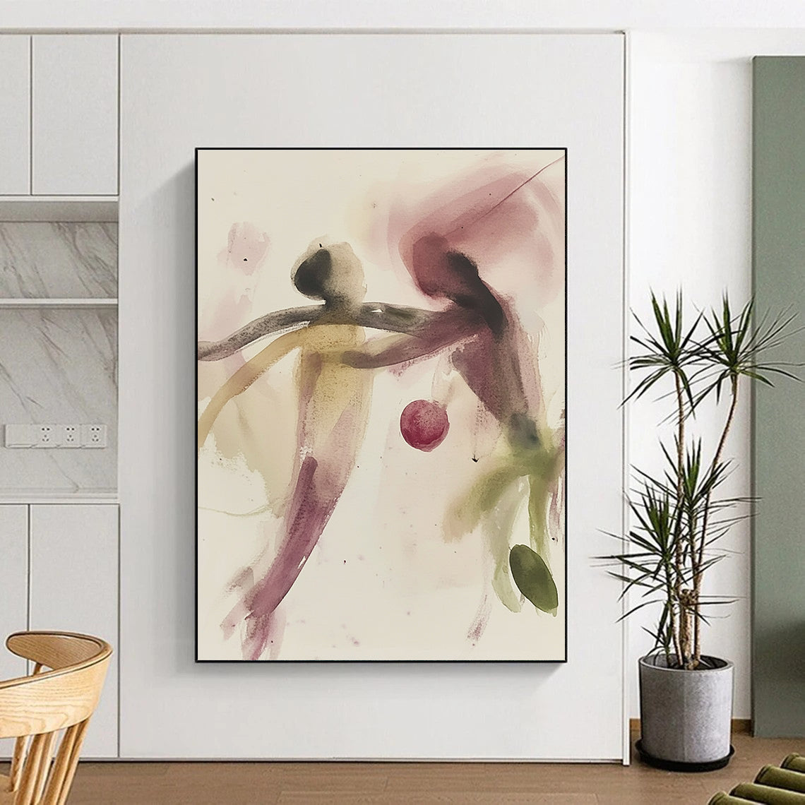 Large abstract drawing featuring a square and an abstract chair in white lines on black paper, minimalist style with a dark background.STSC1191