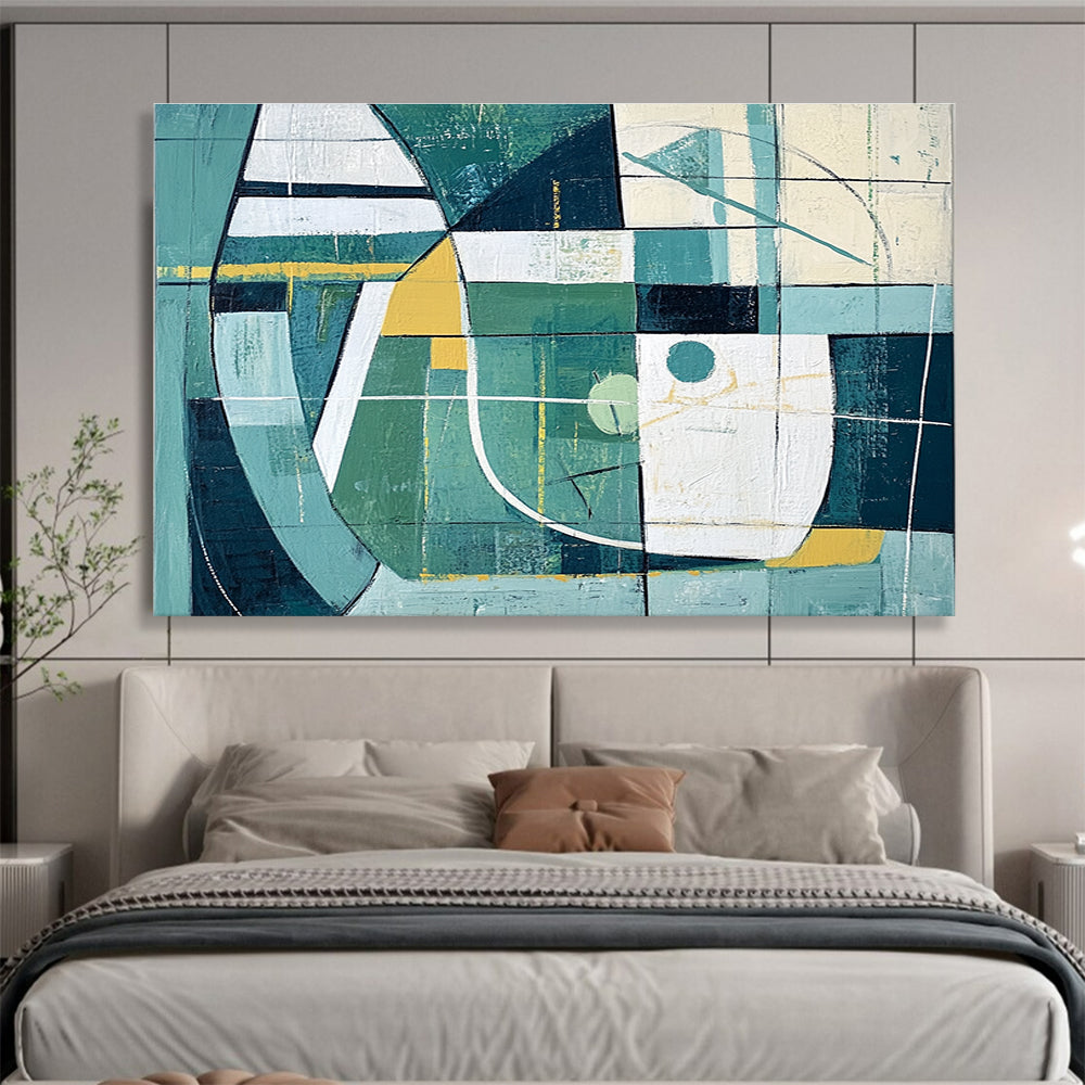 Large abstract painting featuring simple green and white shapes with yellow accents inspired by sports fields and goal lines.SC252