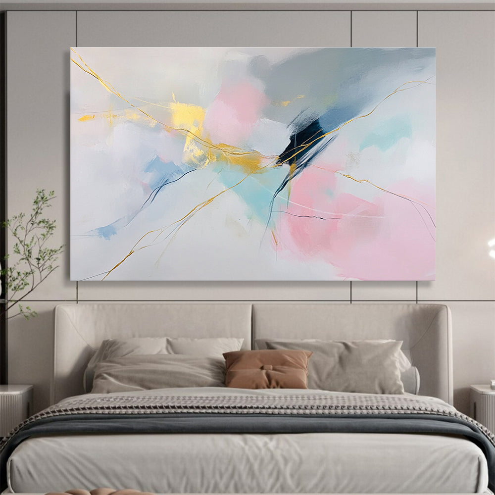 Large abstract painting featuring soft colors on white background with pink blue hues and gold accents delicate strokes create serene shapesSC282
