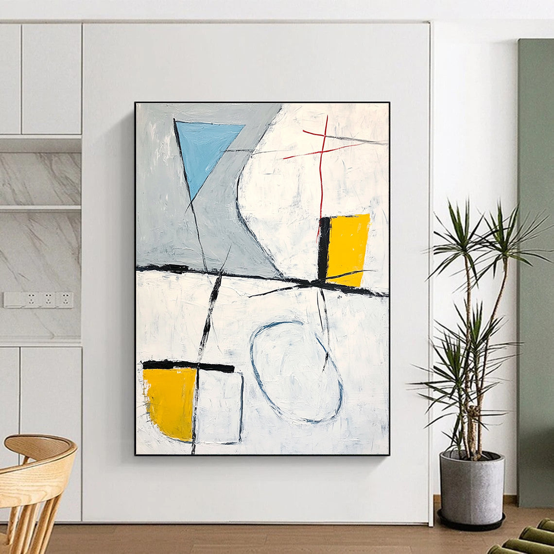 Large abstract painting featuring gray white and yellow shapes with a blue line connecting corners and black brush strokes.STSC612