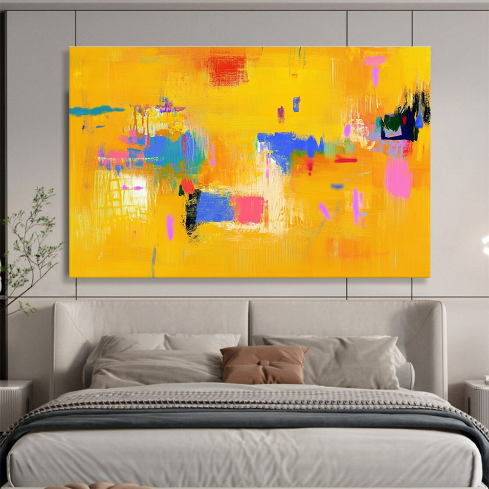 Bright Yellow Abstract Painting with Colorful Accents DYP306
