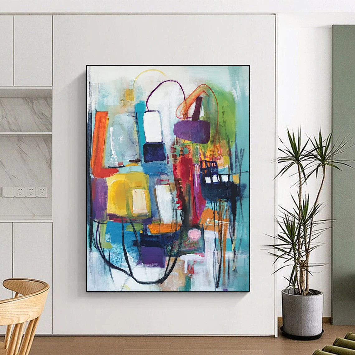 A large abstract painting featuring vibrant shapes and colors, depicting buildings and organic movement, created with expressive oil paint techniques.STSC823