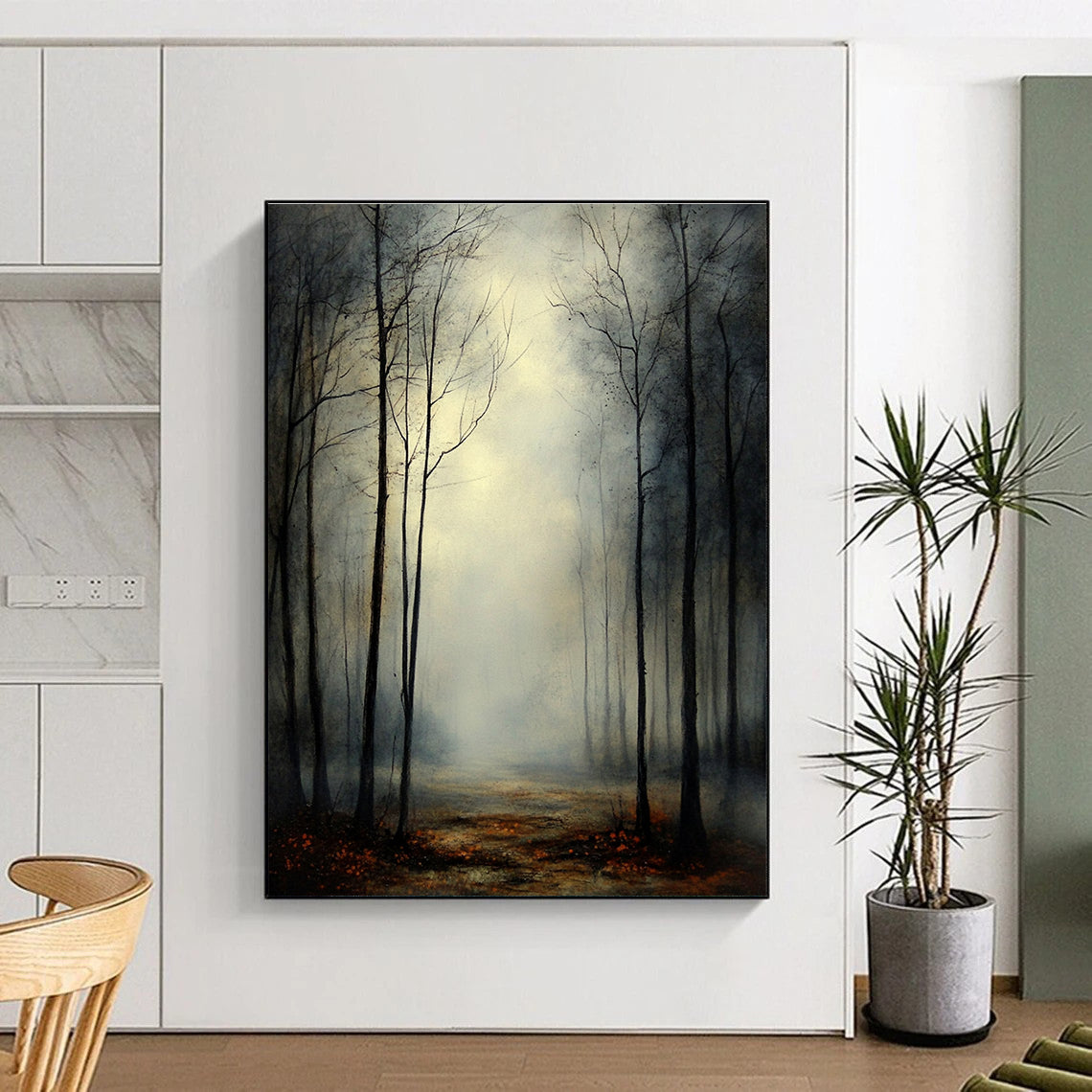 Abstract painting of a misty forest at twilight with eerie silhouettes of leafless trees under an overcast sky evoking dread and contemplation.STSC1099