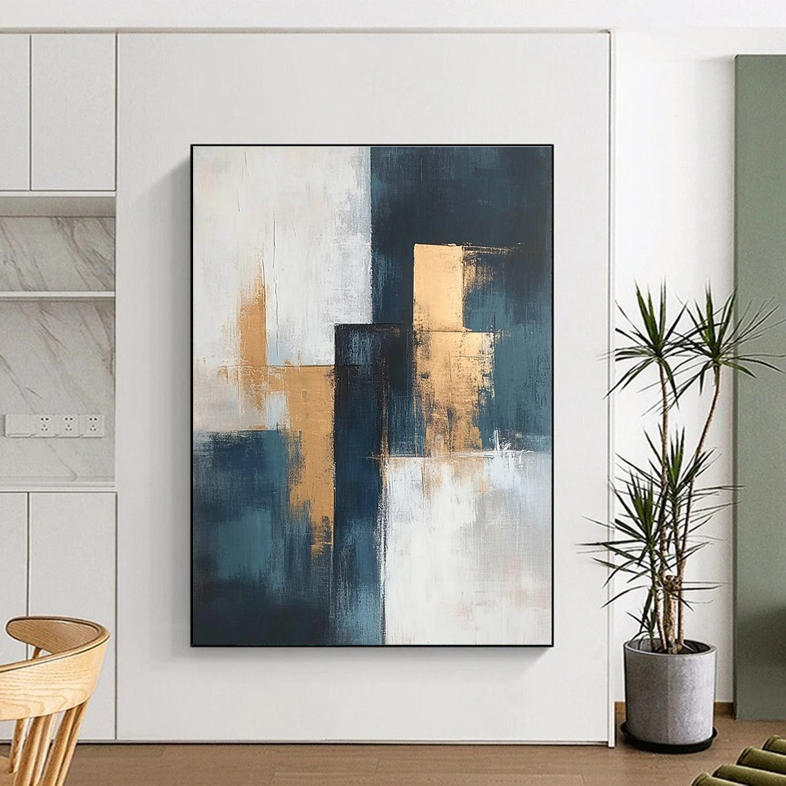 Teal and Gold Abstract Painting with Geometric Elegance GER374