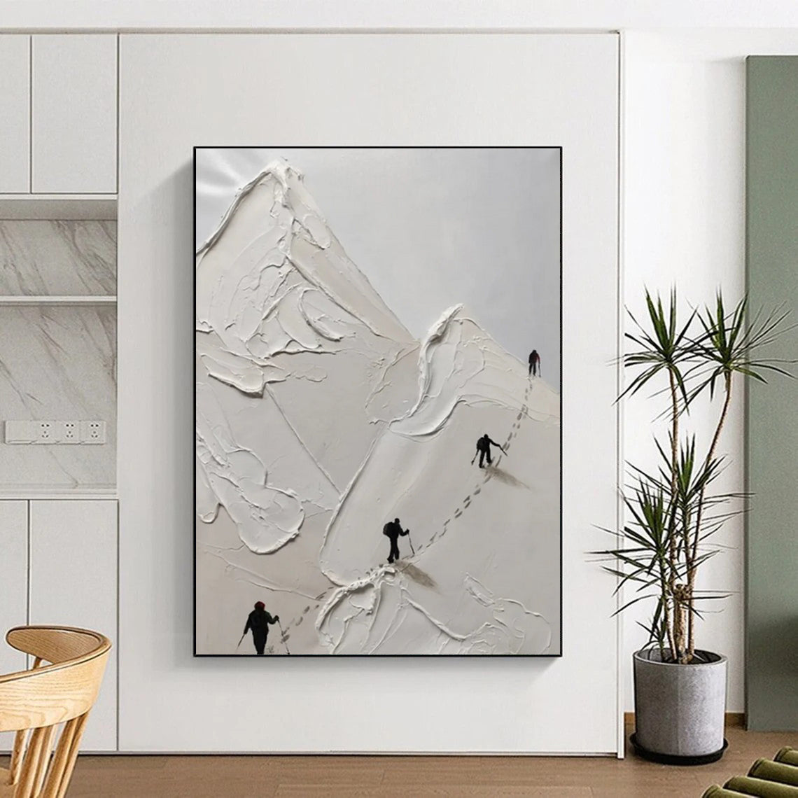 White Textured Mountain Climbing Abstract Painting with Black Silhouettes ADGE317