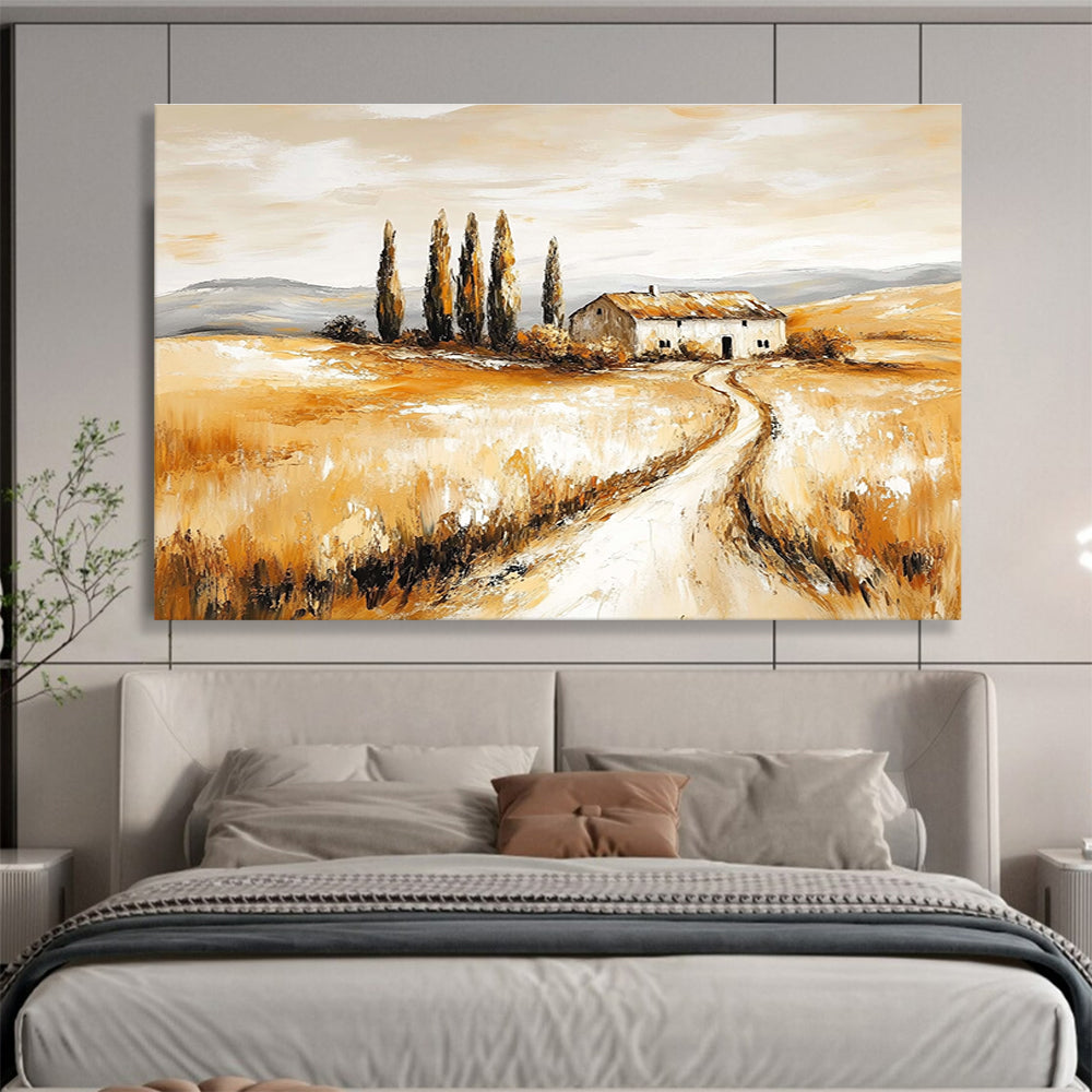 Hand-painted abstract artwork of a rustic farmhouse amidst golden fields and cypress trees evoking nostalgia and tranquility in nature's beauty.SC543