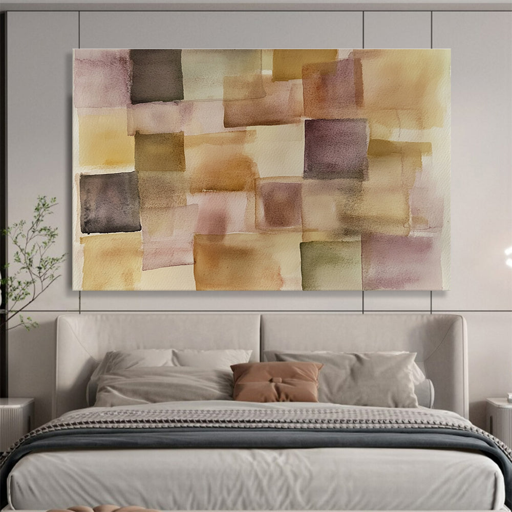 An abstract painting featuring soft pastel squares and rectangles in earthy tones of beige and brown, inspired by Paul Klee's style.SC619