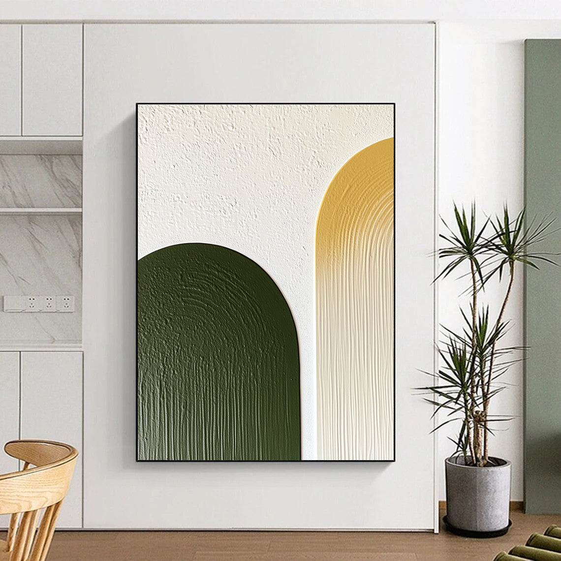 Abstract artwork featuring olive green and mustard yellow half-arches on a textured white wall with minimalist simple lines.STSC964