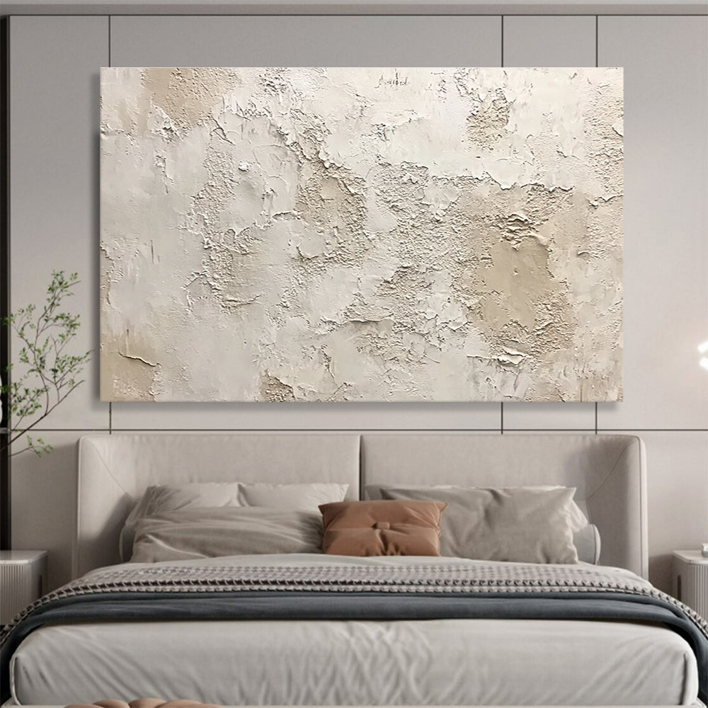 Large abstract painting of a textured white wall with shades of gray beige and brown showing organic shapes and a weathered appearance.SC183