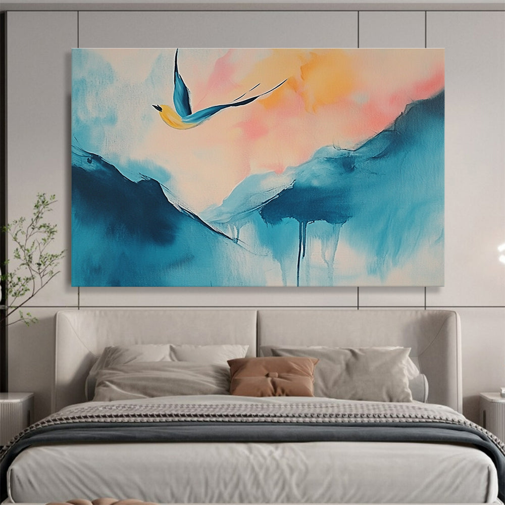 Large abstract painting of a serene island with soft blue pink hues and a joyful yellow bird above, evoking freedom and life's journey.SC554