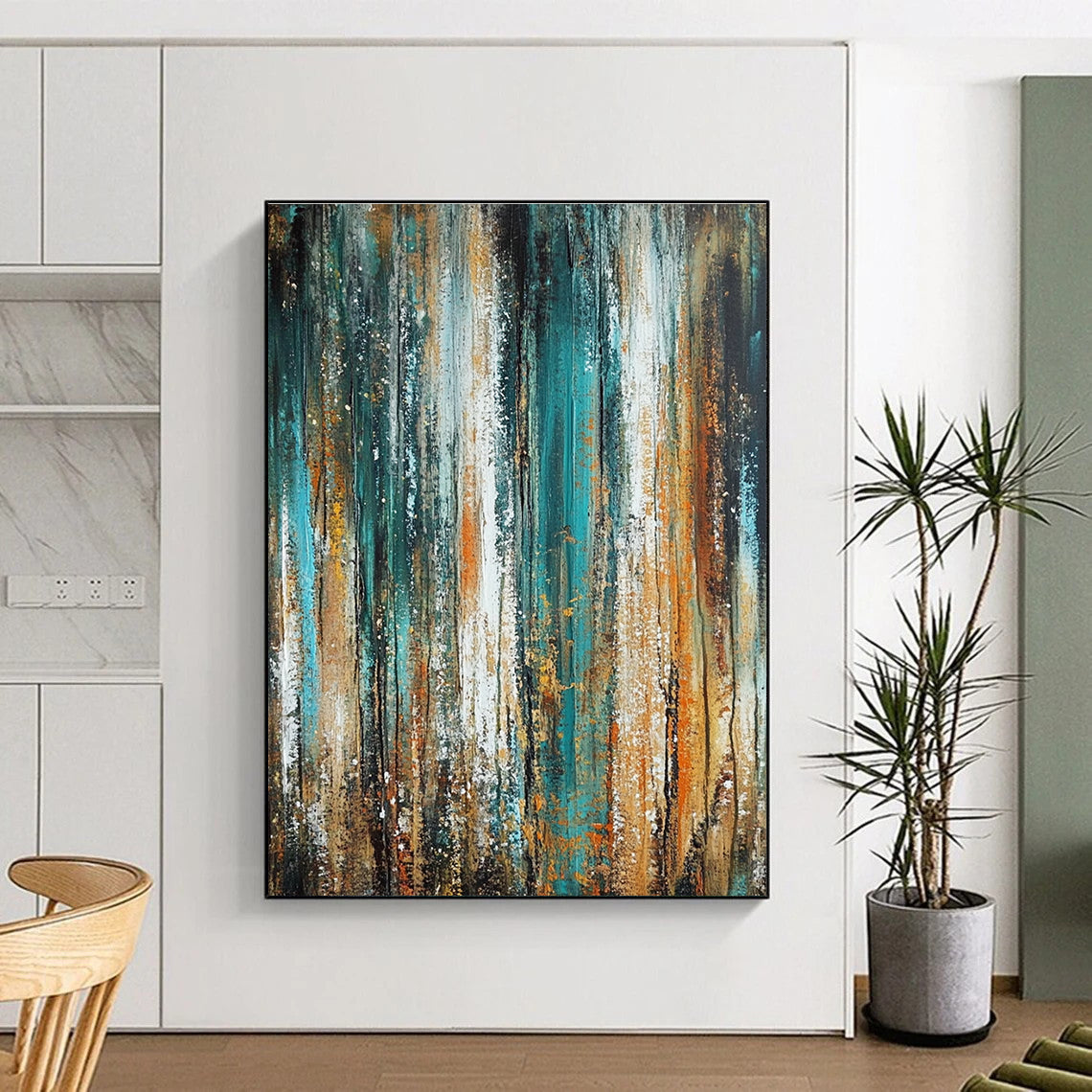 Large abstract oil painting featuring vertical textures in green and blue with brown and orange accents in a vintage style.STSC205
