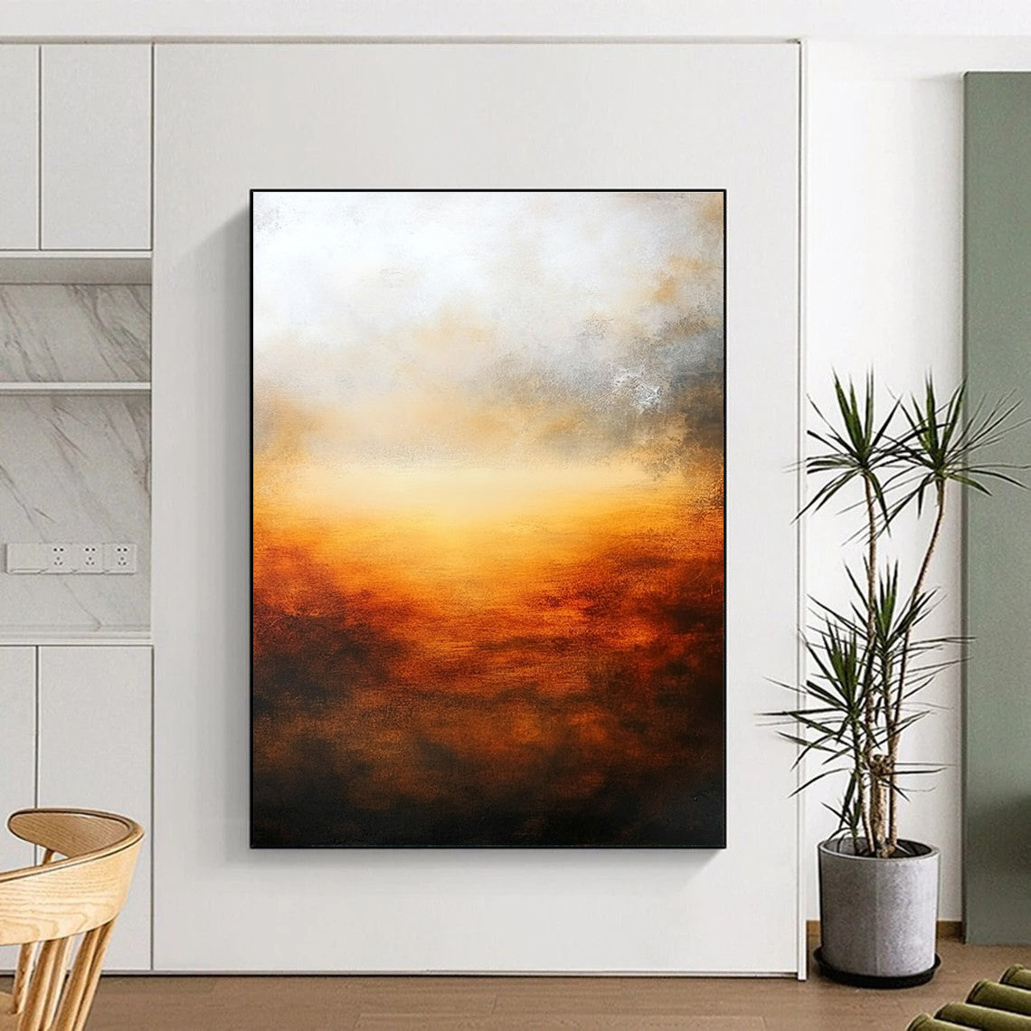 Large abstract oil painting featuring atmospheric sunset in muted earth tones and deep orange with a serene minimalist composition.STSC585