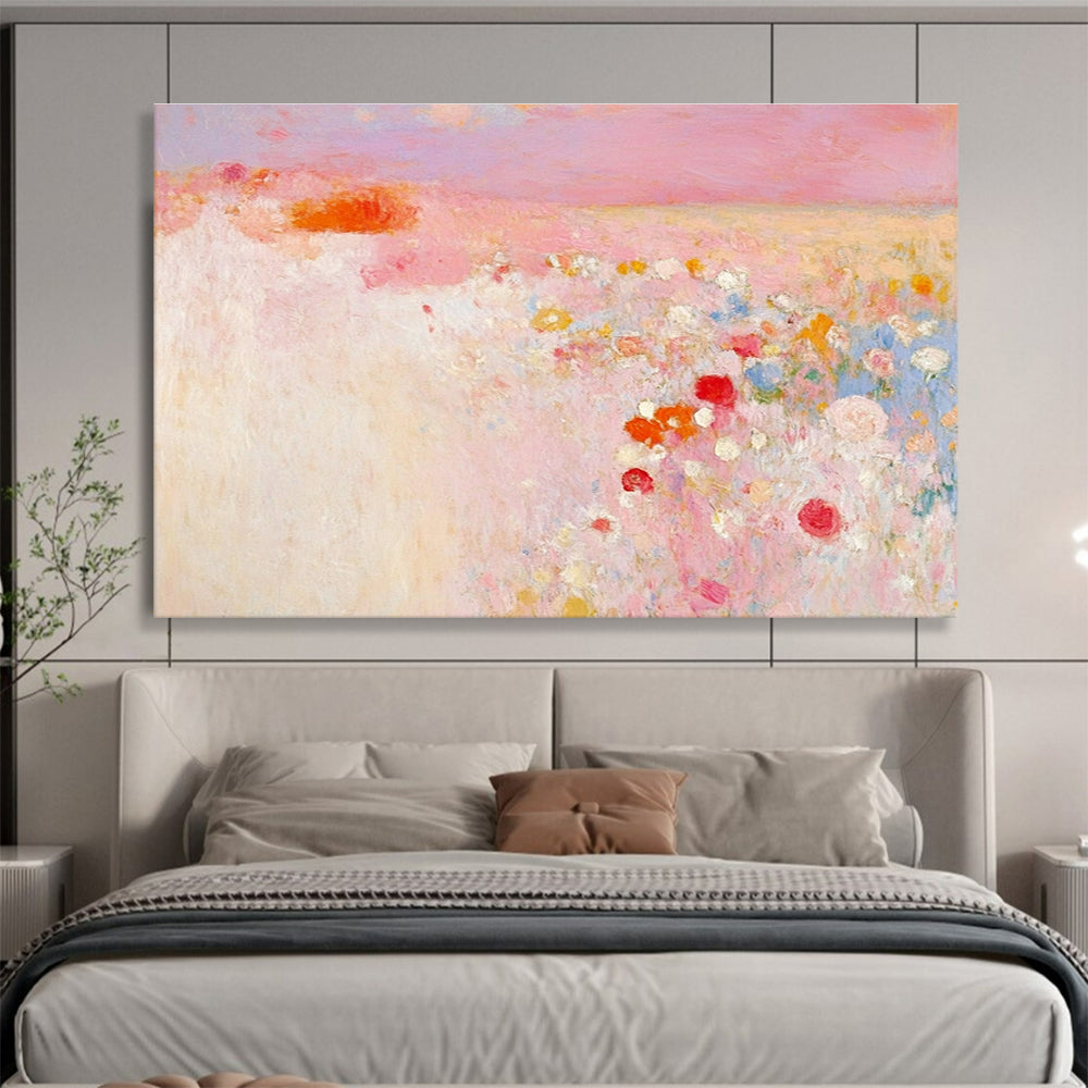 Large abstract painting in soft pink and white with hints of red and yellow evokes springtime calmness amidst a blooming field.SC350