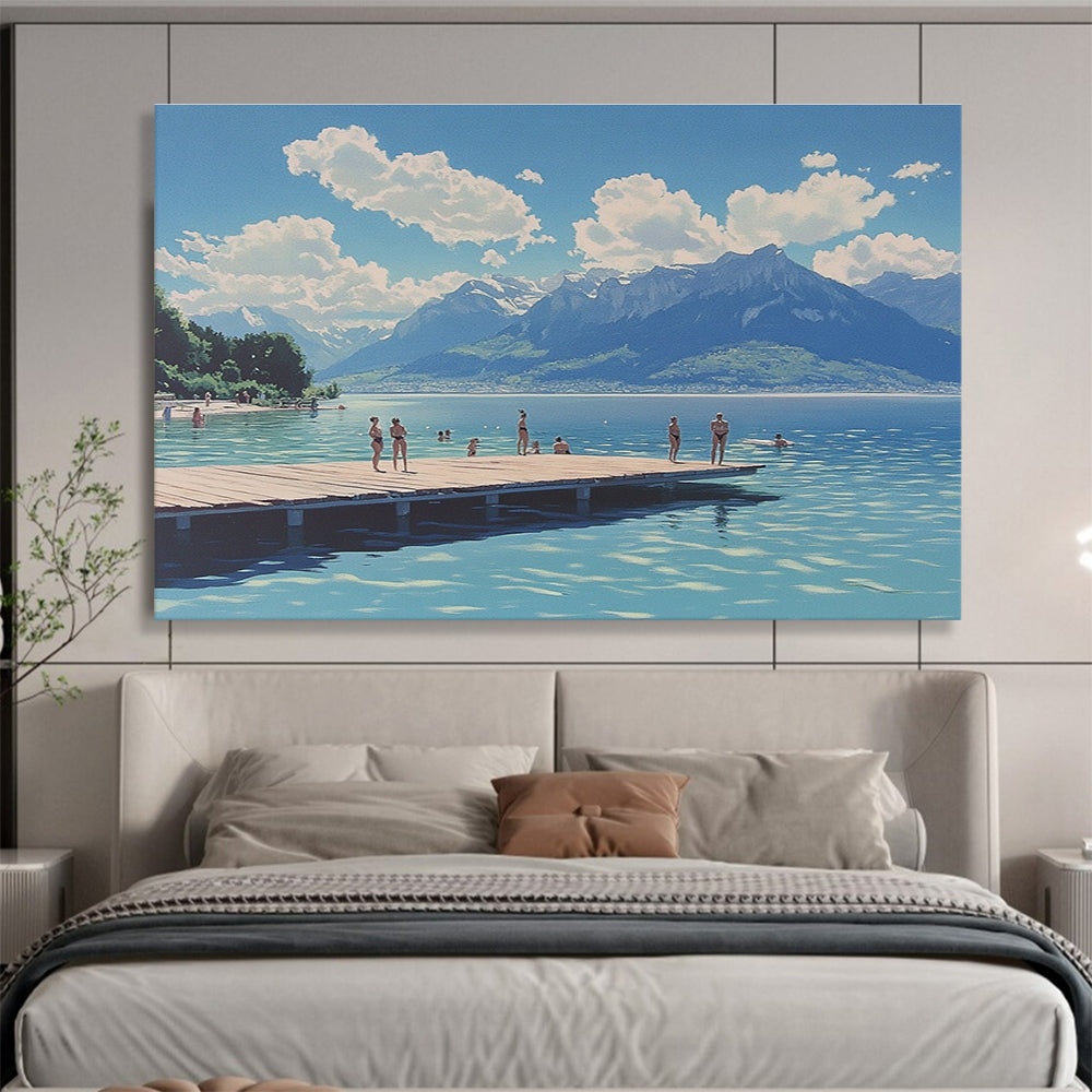 Large abstract painting depicting swimmers at Lake Neuchâtel with mountains clouds and a wooden platform under a blue sky.SC472